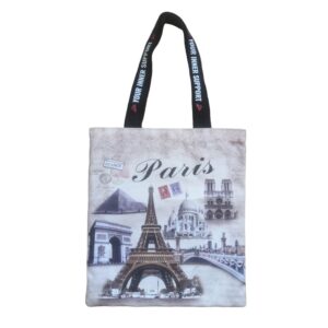 France Parisian color illustration canvas tote bag with black shoulder straps