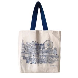 London Town Blue draft Canvas Tote Bag with Zip Closure and Inner Zipped Pocket