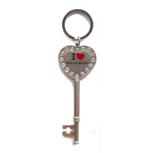 HOLLYWOOD Key & Heart Star Square Metal 3D Souvenir Keychain with Rhinestones