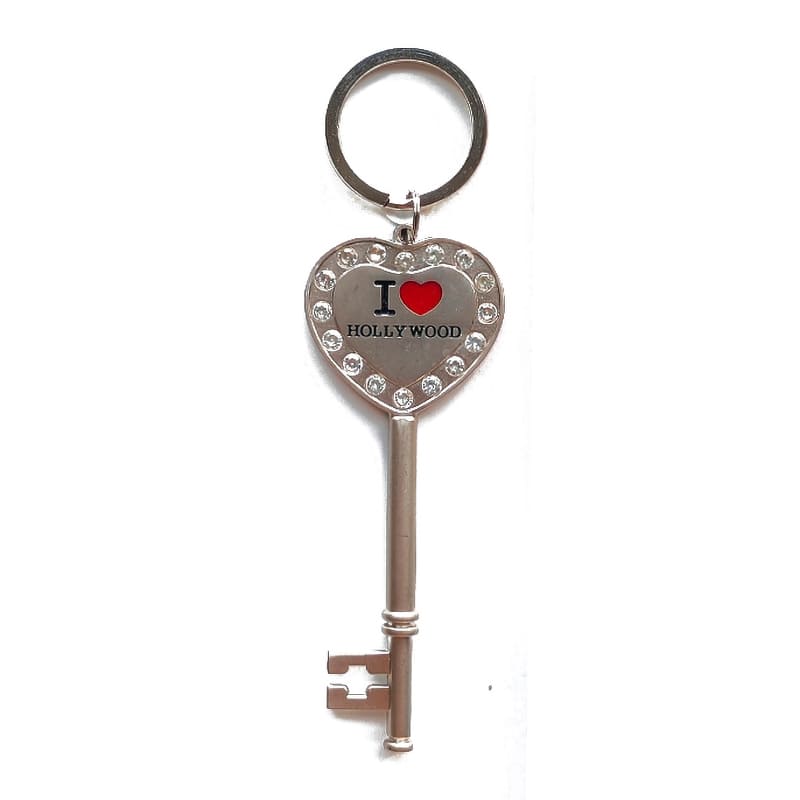 HOLLYWOOD Key & Heart Star Square Metal 3D Souvenir Keychain with Rhinestones