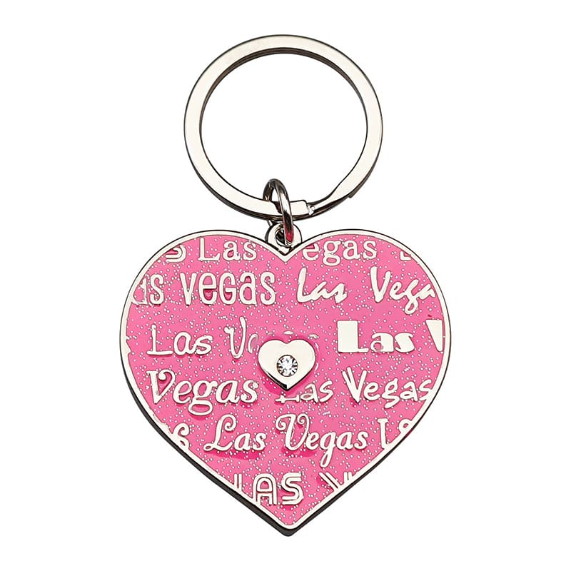 LAS VEGAS Pink Heart Metal Souvenir Keychain, key ring chain with Rhinestone
