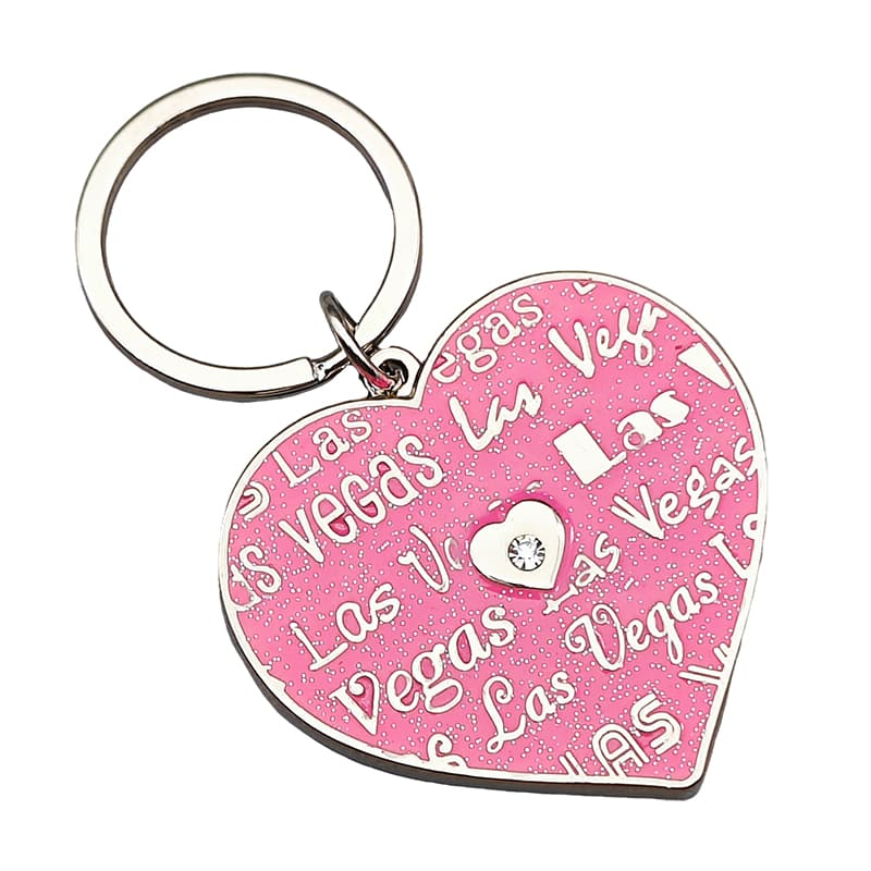 LAS VEGAS Pink Heart Metal Souvenir Keychain, key ring chain with Rhinestone - Image 3